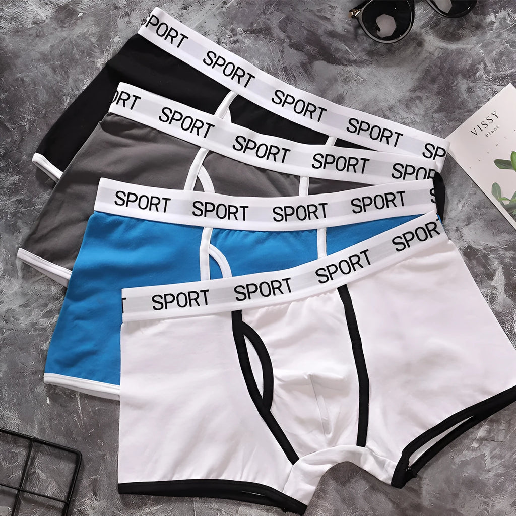 Men's cotton sports boxer briefs mid waist solid colour knitted underwear