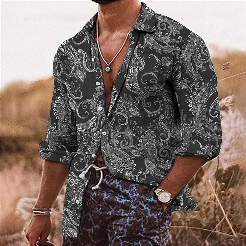 Men's loose fit long sleeve shirt with bohemian floral 3D pattern printing in polyester fabric