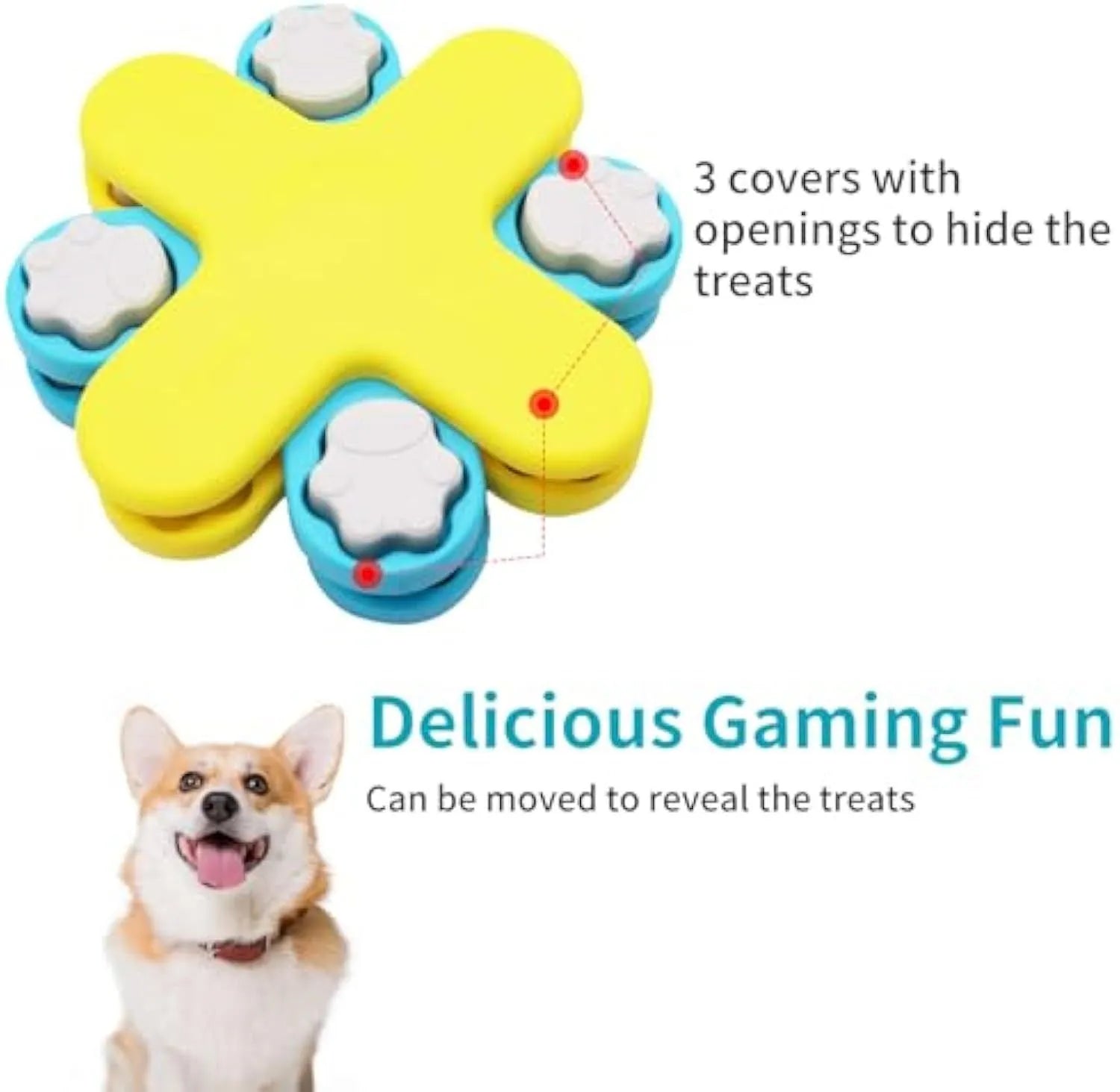 Yellow interactive dog puzzle feeder toy with rotating lids on a non-slip base