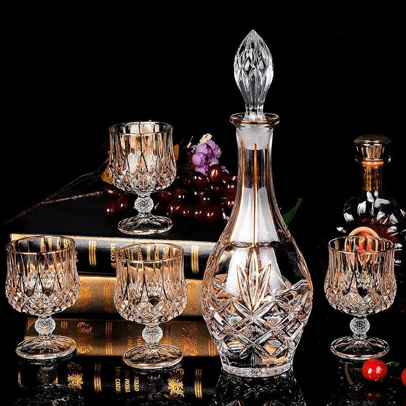 Yellow Chinese-style glass wine set with six pieces and golden accents for whiskey and red wine