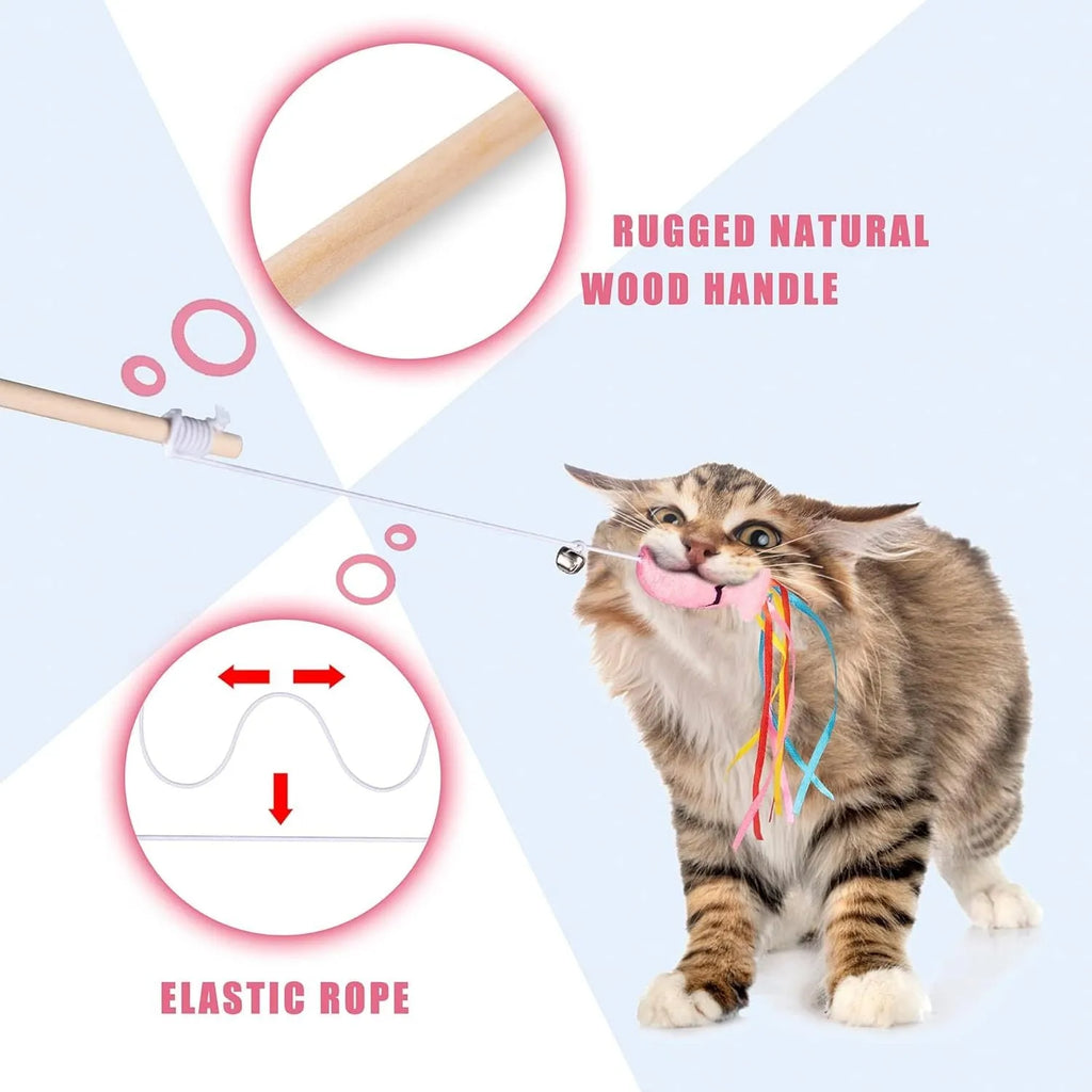 Colourful cat wand toy with ribbons, catnip fish, and bell on wooden handle