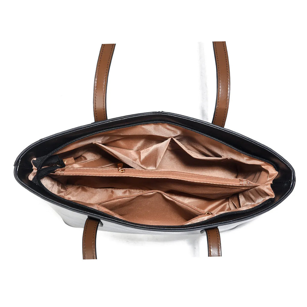 Large horizontal tote bag in beige PU with stitching detail, single shoulder strap, and inner pocket layout