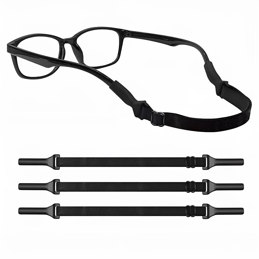 Black adjustable glasses cord with silicone earpiece ends for anti-slip spectacle retention