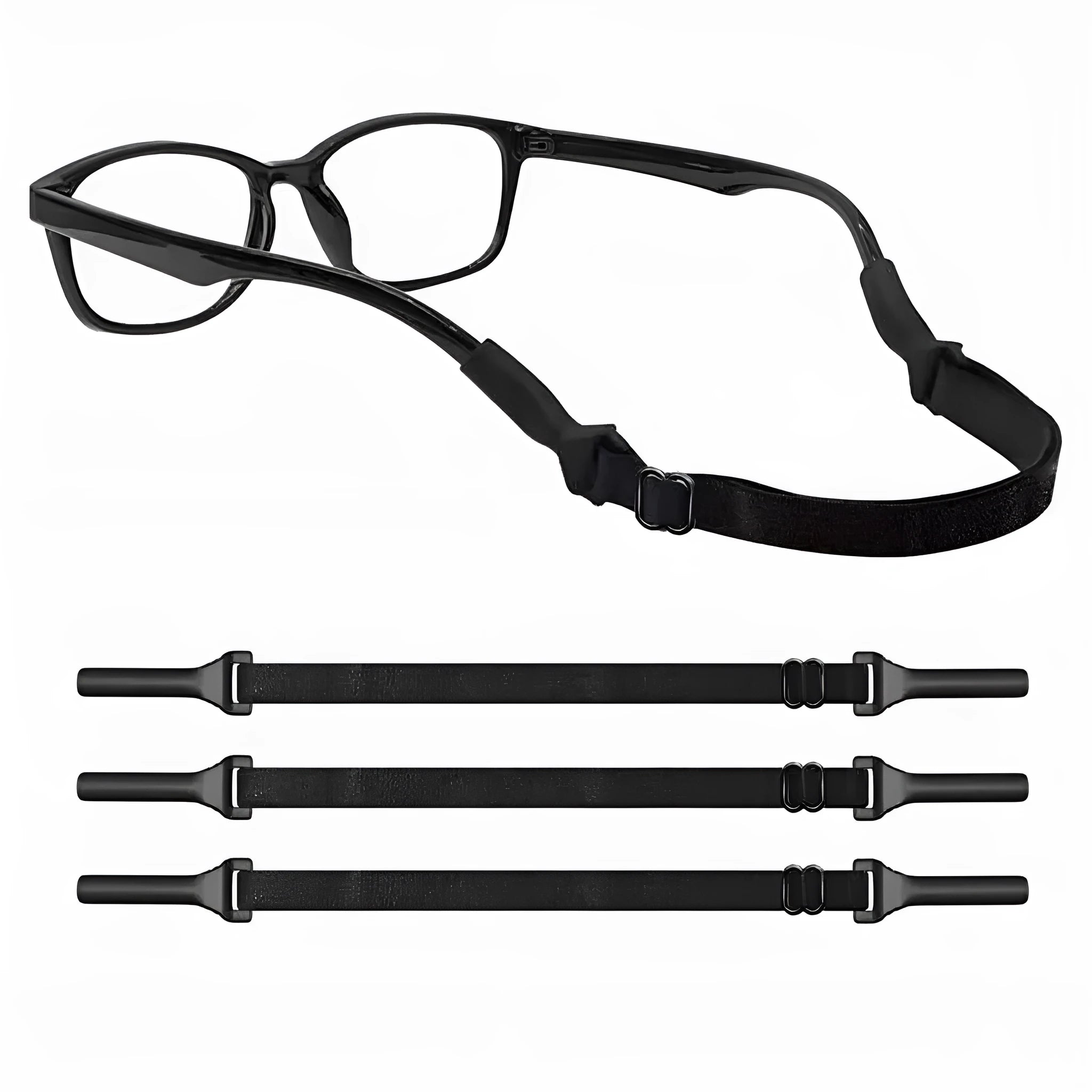 Black adjustable glasses cord with silicone earpiece ends for anti-slip spectacle retention