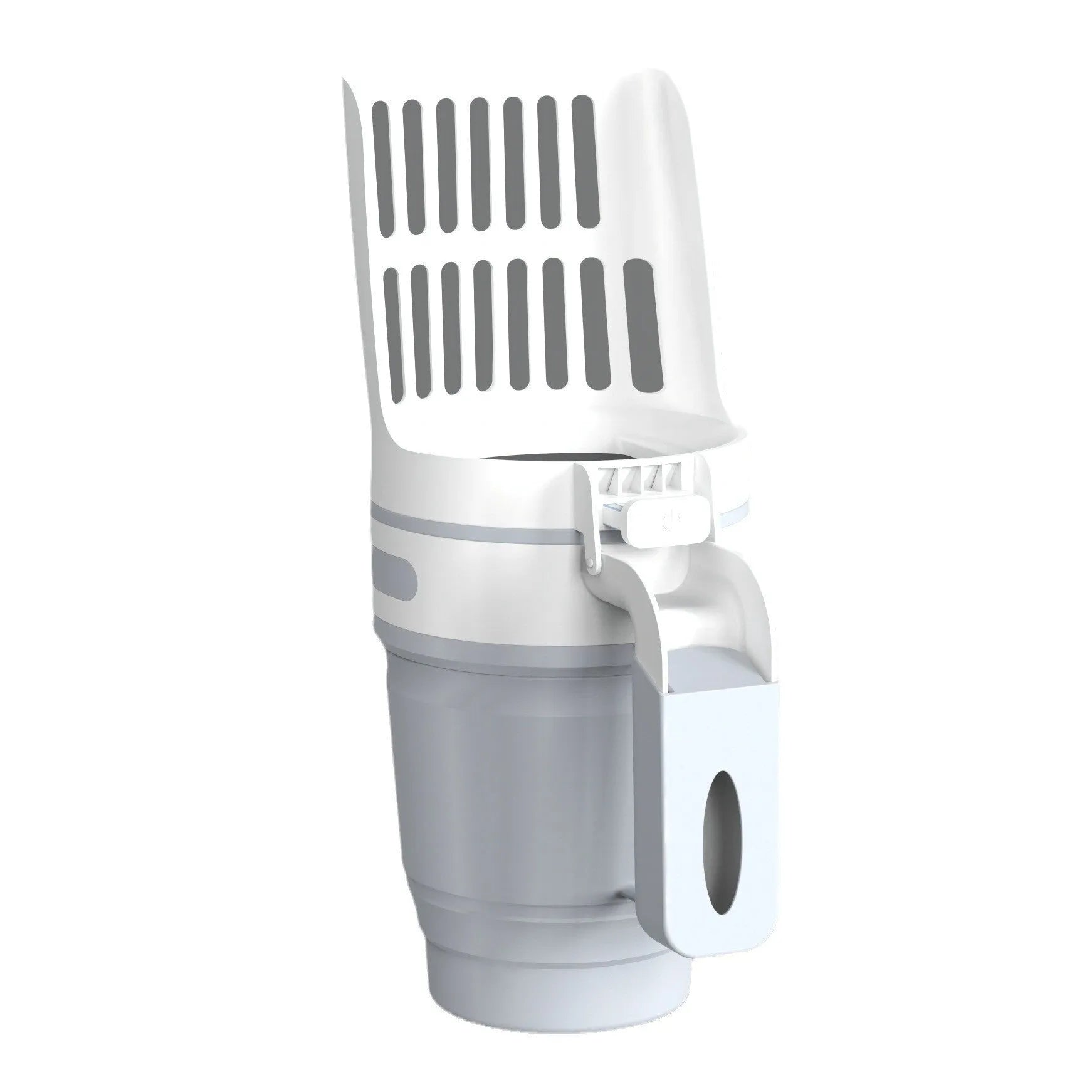 Grey self-cleaning cat litter scoop with integrated waste bin system and foldable bottom