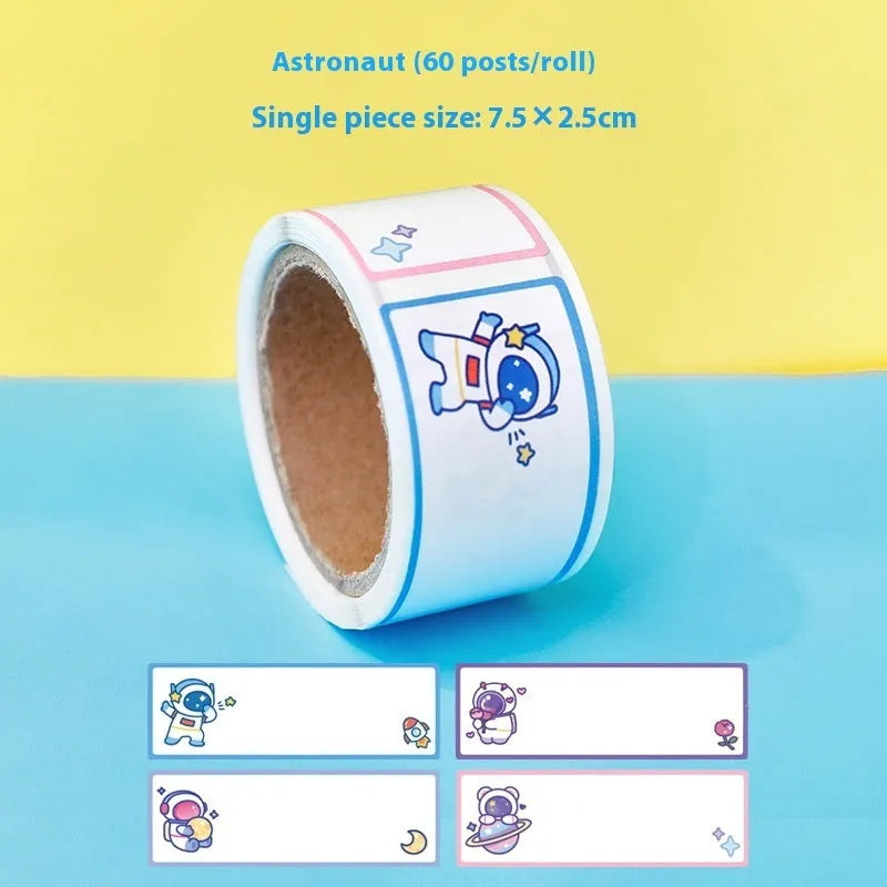 Roll of 60 cartoon name tape stickers showing dinosaur, astronaut, rabbit, and girl design options