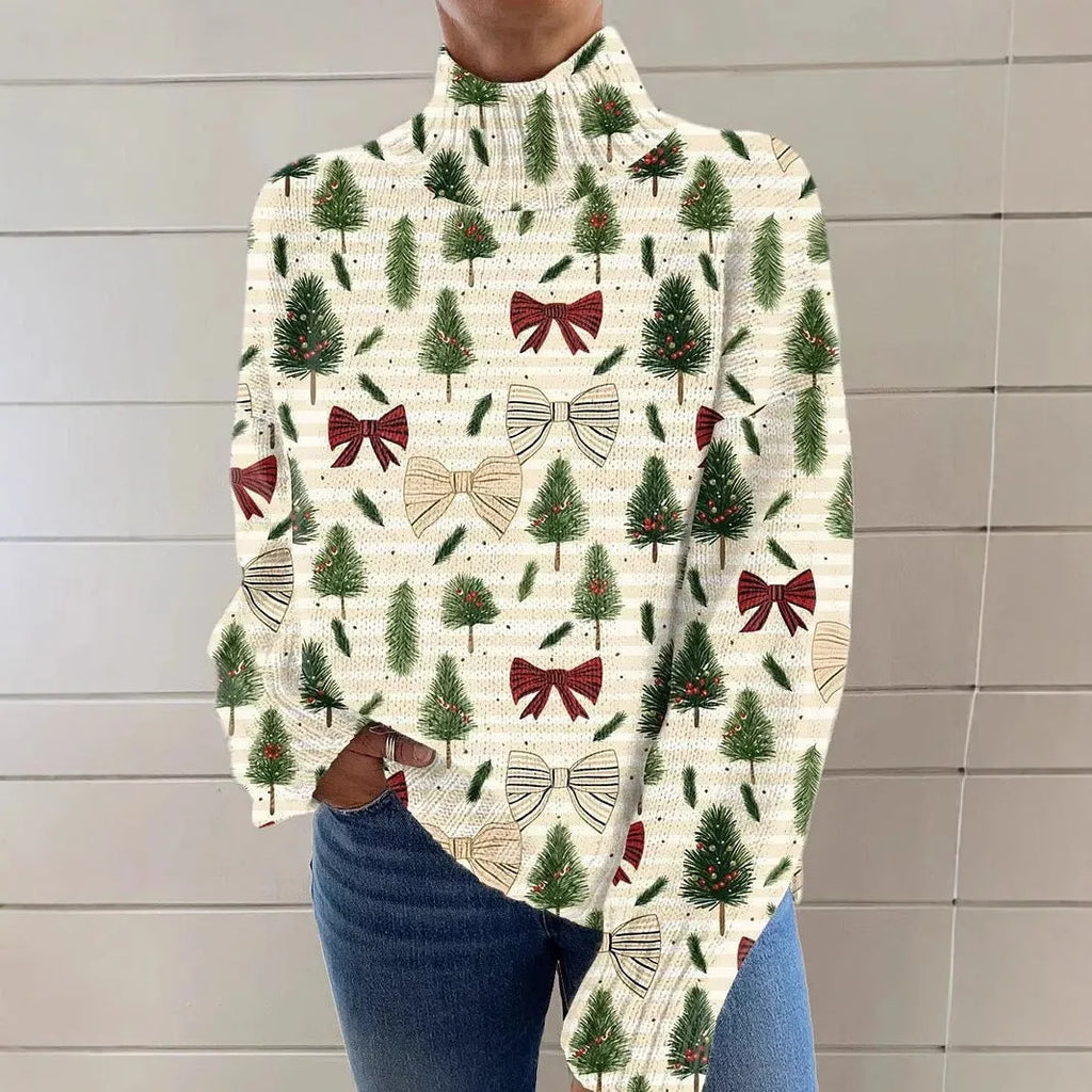 Women's loose-fit Christmas printed turtleneck sweater in macaron colour with painting pattern.