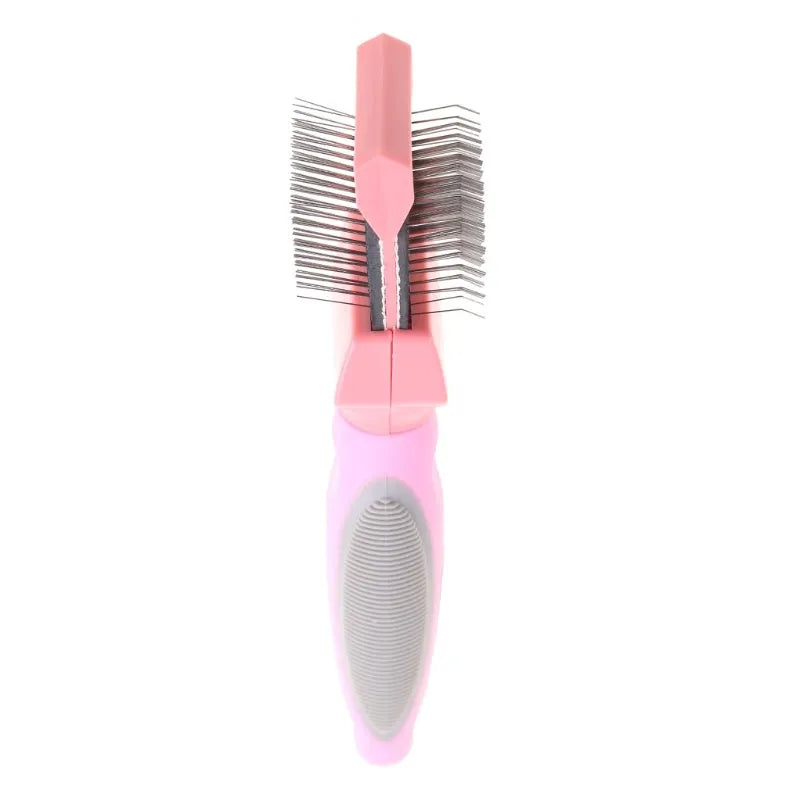 Double-sided pet brush with stainless steel pins in blue colour, showing ergonomic handle and flexible brush head