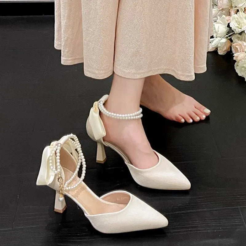 Fairy style bow high heels in apricot colour with mid wine glass heel and open toe, sizes 34-40