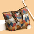 Women's blue brown PVC shoulder handbag with large capacity and outer sandwich pocket