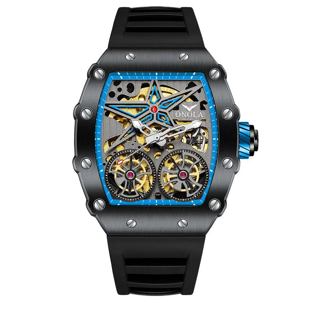 Rudder Flywheel skeleton automatic men's mechanical watch with 53mm dial and mineral glass on plastic strap