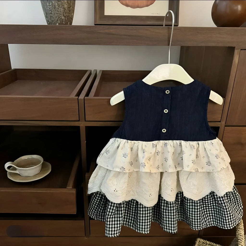 Sleeveless cotton denim skirt bandage cake dress for girls, solid colour with plaid stitching, available in 90-140 yards