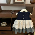 Sleeveless cotton denim skirt bandage cake dress for girls, solid colour with plaid stitching, available in 90-140 yards