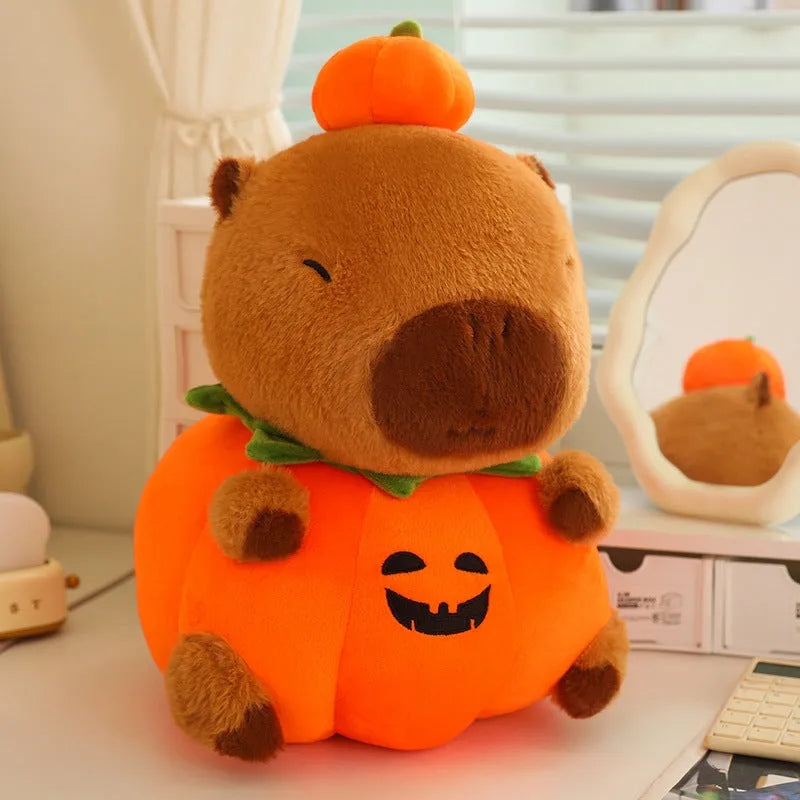 Cute Cappie Baran Melon capybara plush toy in pumpkin colour on a plain background