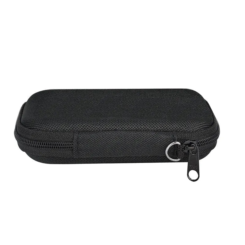 Black hard protective storage case for magnetic wireless power bank, 120x90x27mm, on neutral background