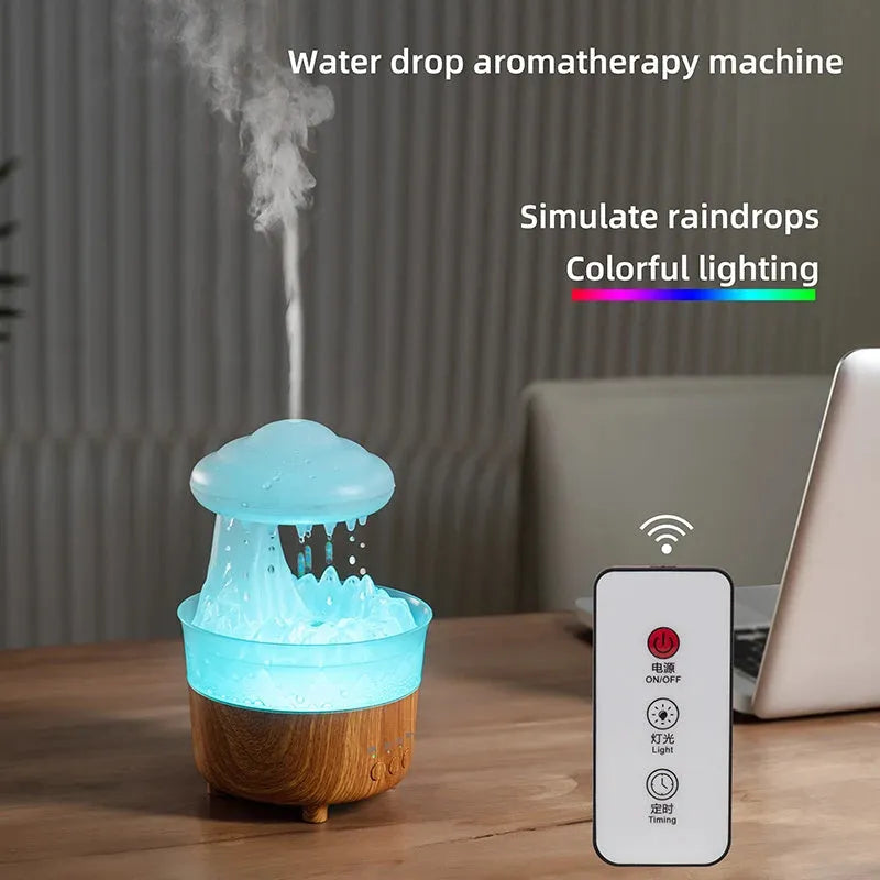 Wood grain white cloud shaped humidifier and essential oil diffuser with coloured LED lights on