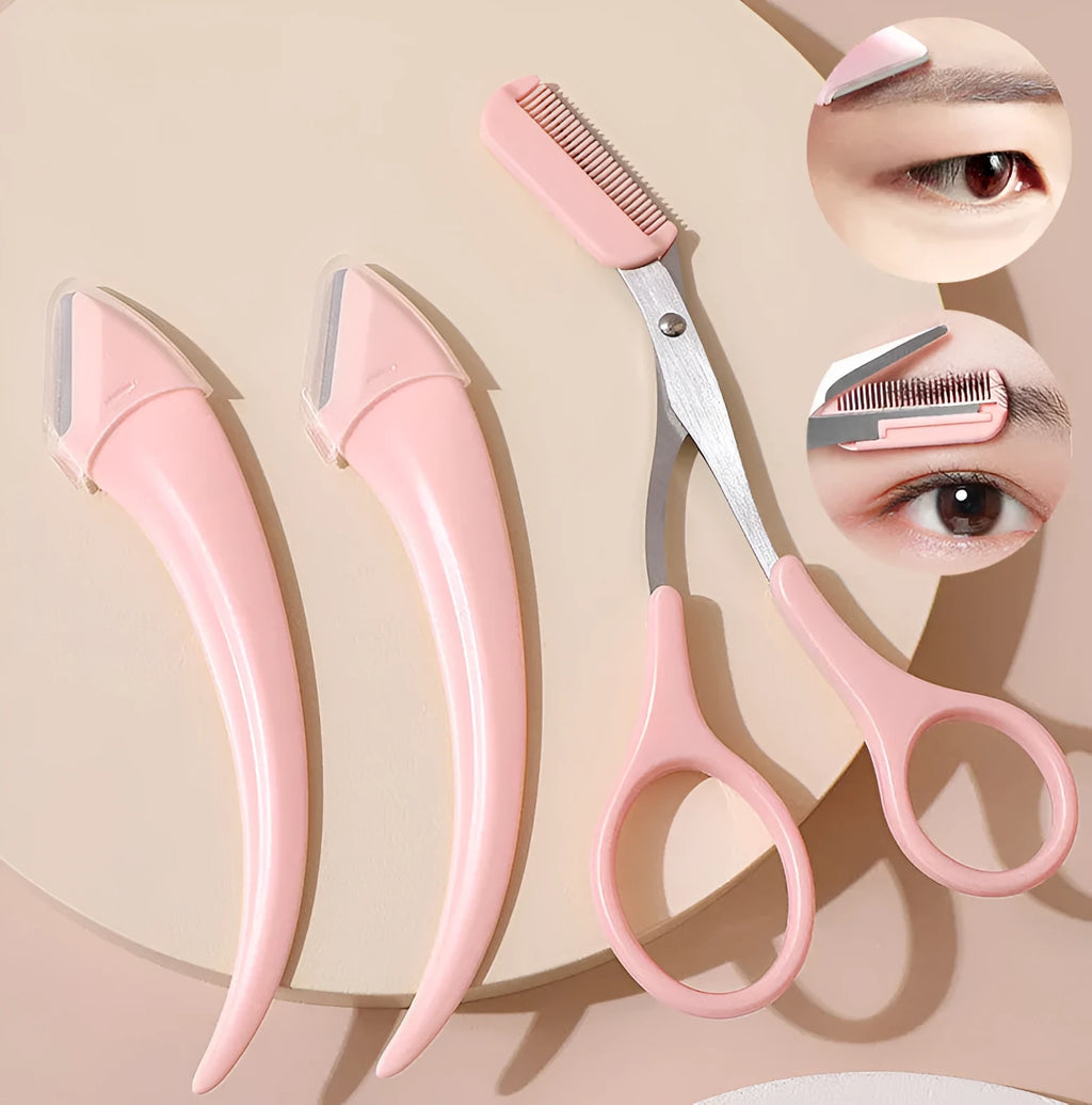 Eyebrow trimming knife and comb beauty tool set with curved stainless steel blade