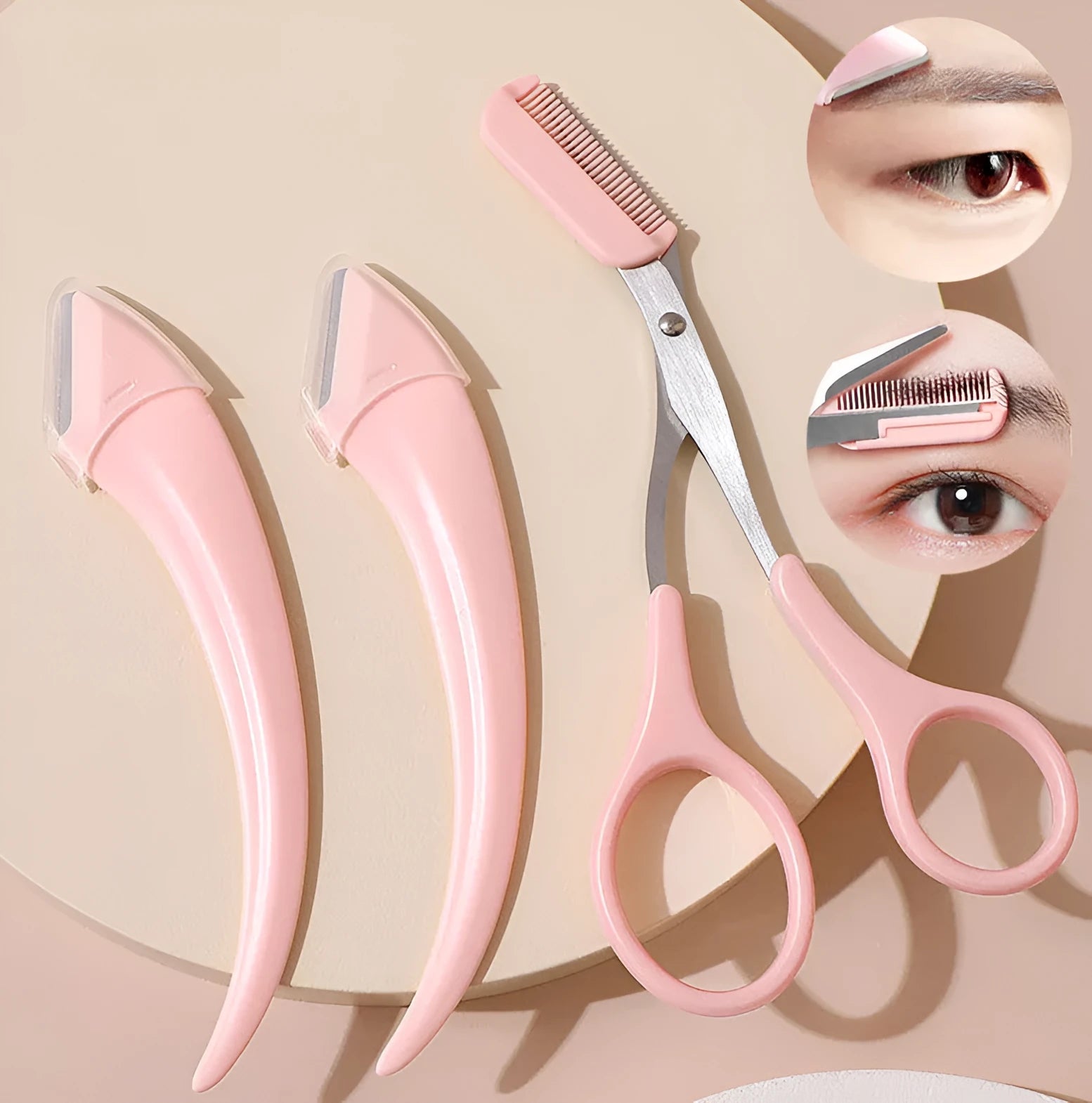 Eyebrow trimming knife and comb beauty tool set with curved stainless steel blade