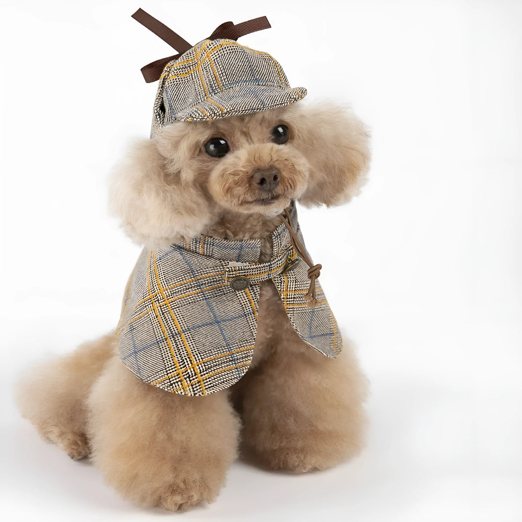 Camel-coloured detective suit style cotton cloak for a dog, featuring an adjustable hat.