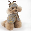 Camel-coloured detective suit style cotton cloak for a dog, featuring an adjustable hat.