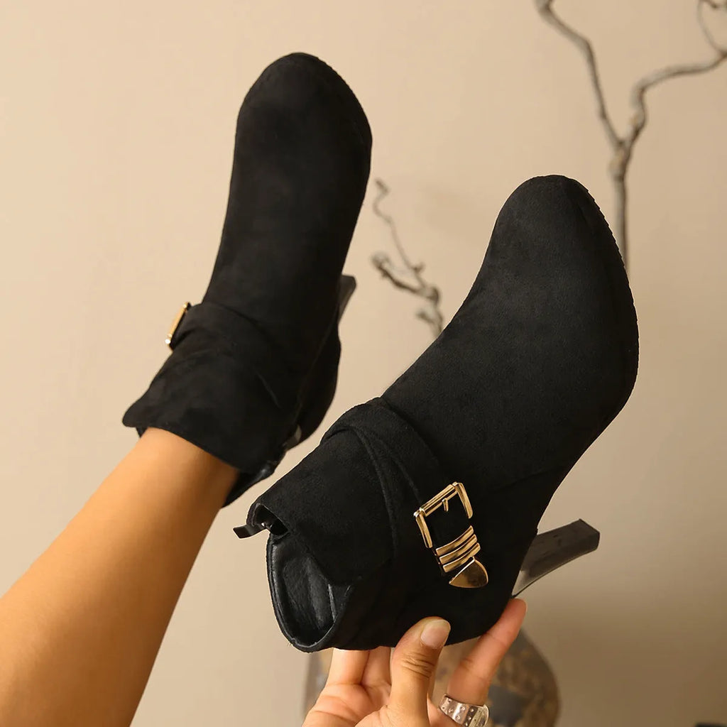 Plus size women's stiletto heel boots in suede, round toe, mid-calf length, available in black