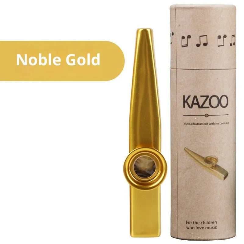 Metal kazoo in Flame Red with paper tube against a white background