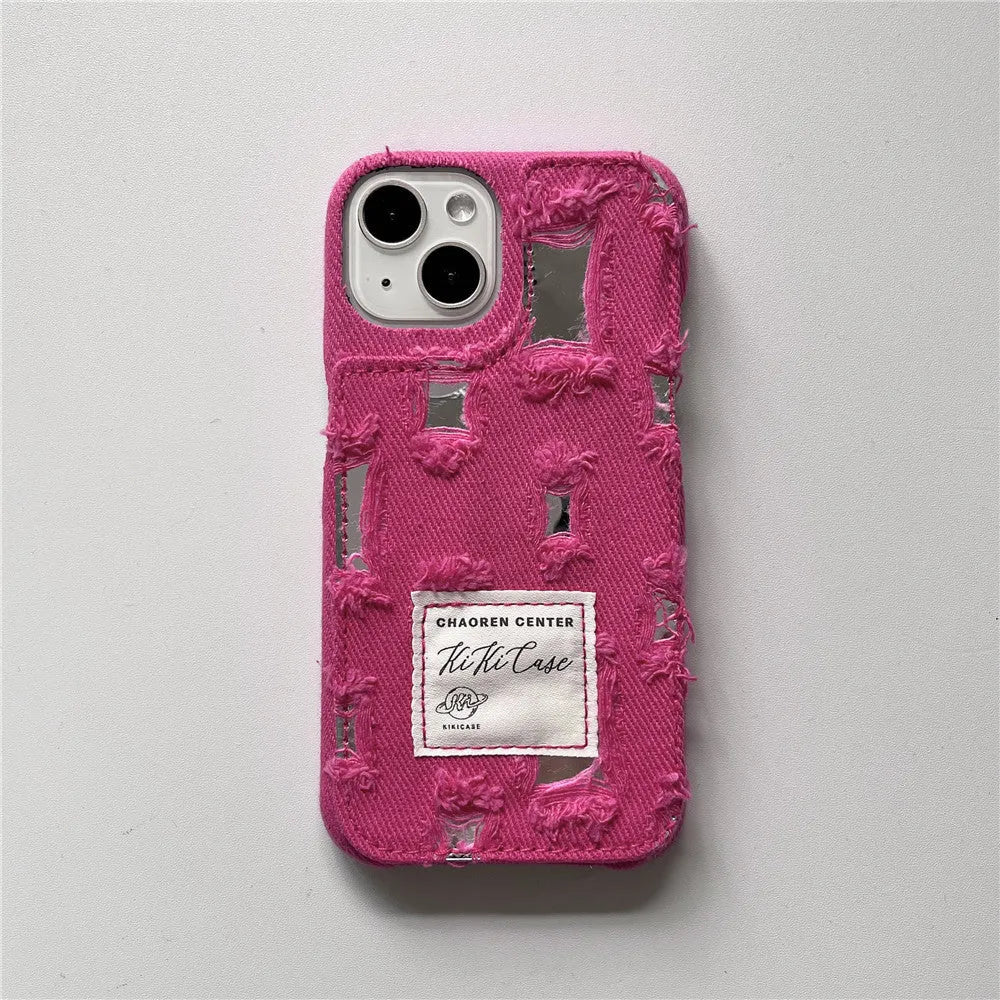 TPU mirror hole denim phone case for iPhone 12-15 series with rhinestone elements in rose red