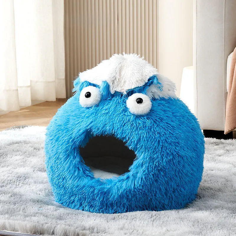 Warm winter cat nest closed sleeping house in soft plush material, available in blue, green, pink, purple, white