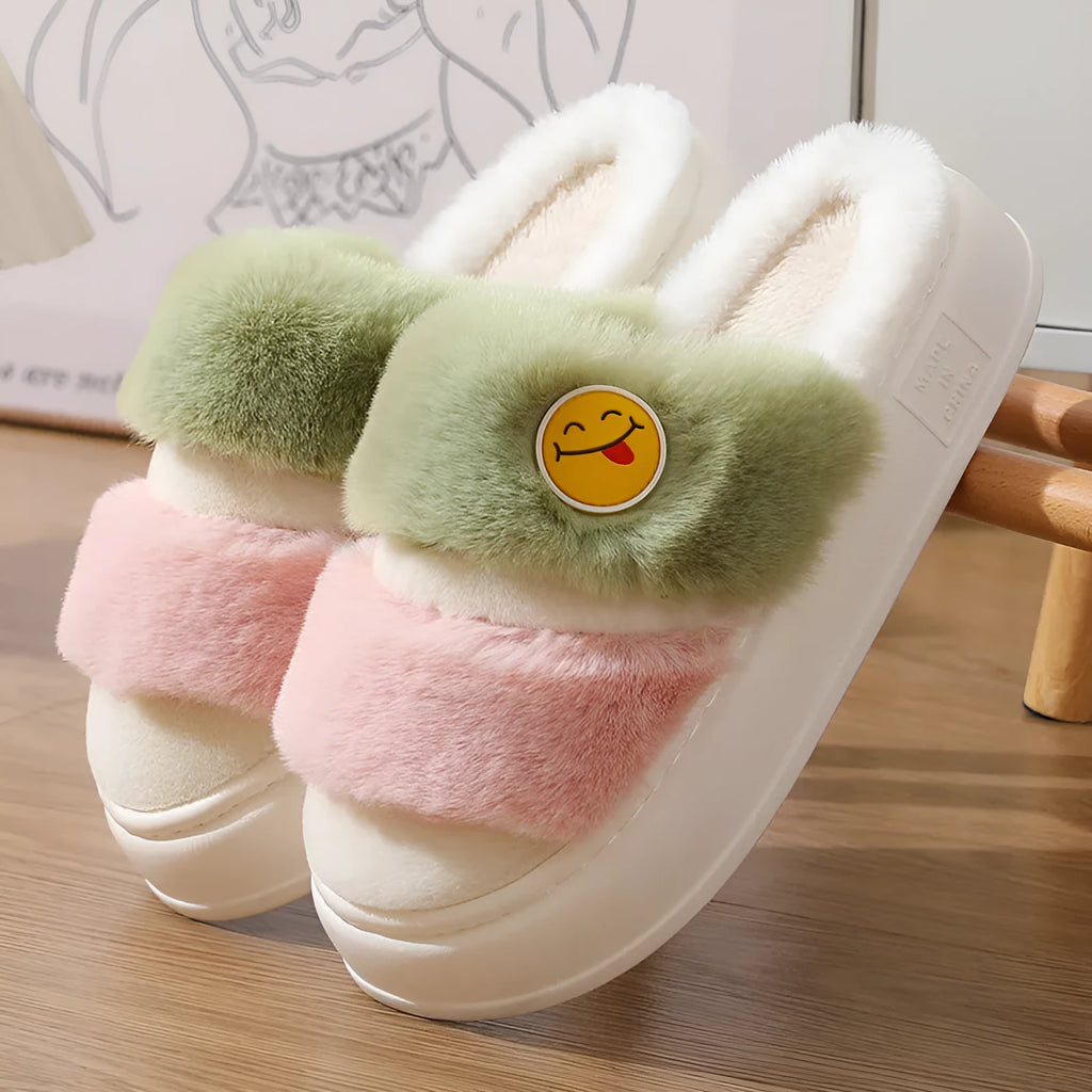 Thermal cotton slippers with cashmere lining, plush upper, and a non-slip sole in a cartoon style.
