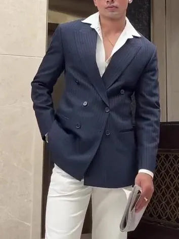 Men's striped double-breasted blazer on a hanger, showing regular fit and polyester construction.