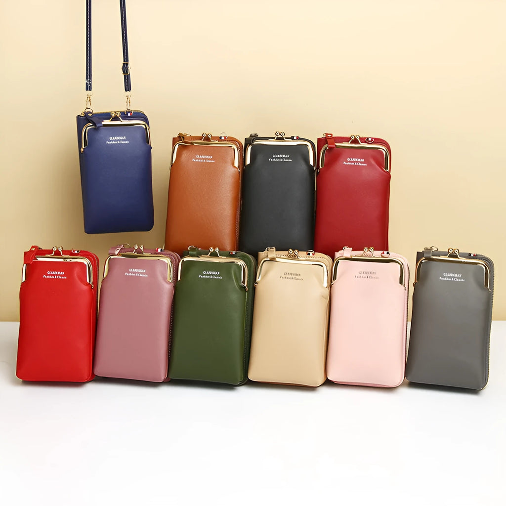 Women's vertical crossbody mobile phone bag in PU leather, black colour, with letter print and coin pocket