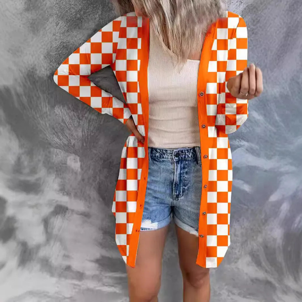 Women's long plaid knitted cardigan coat in polyester available in multiple colours and sizes