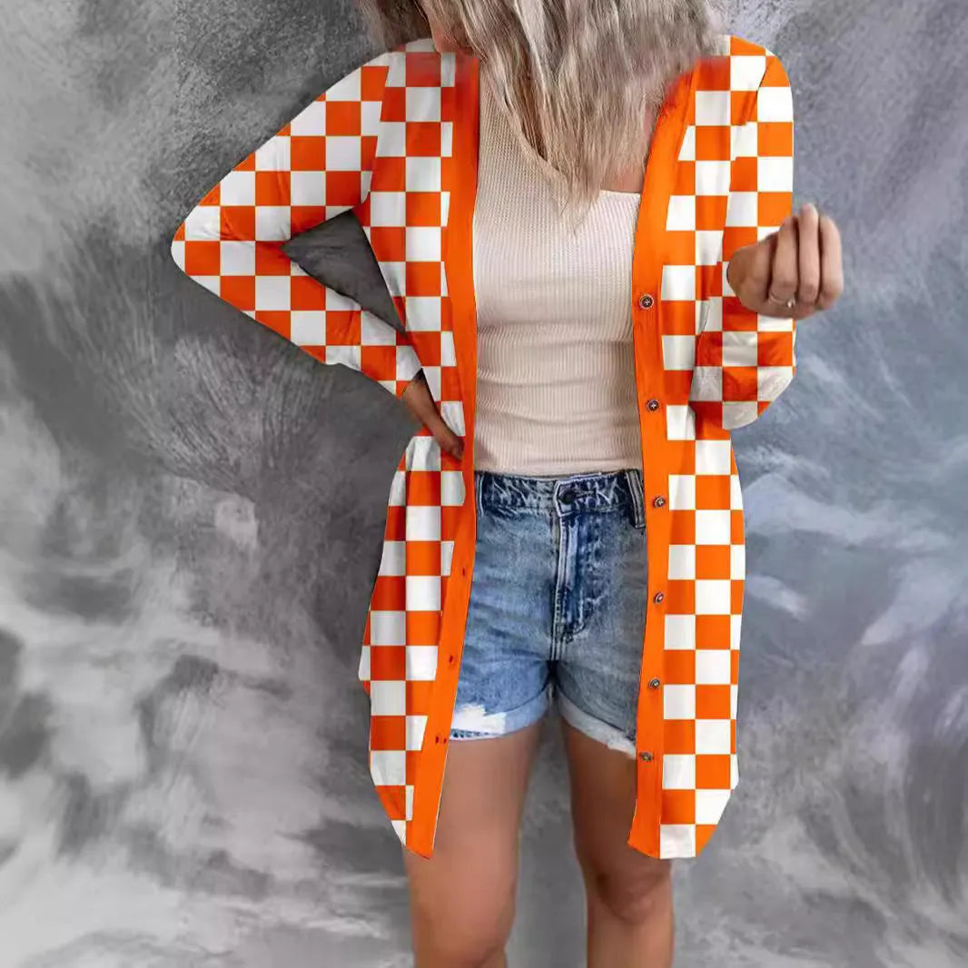 Women's long plaid knitted cardigan coat in polyester available in multiple colours and sizes