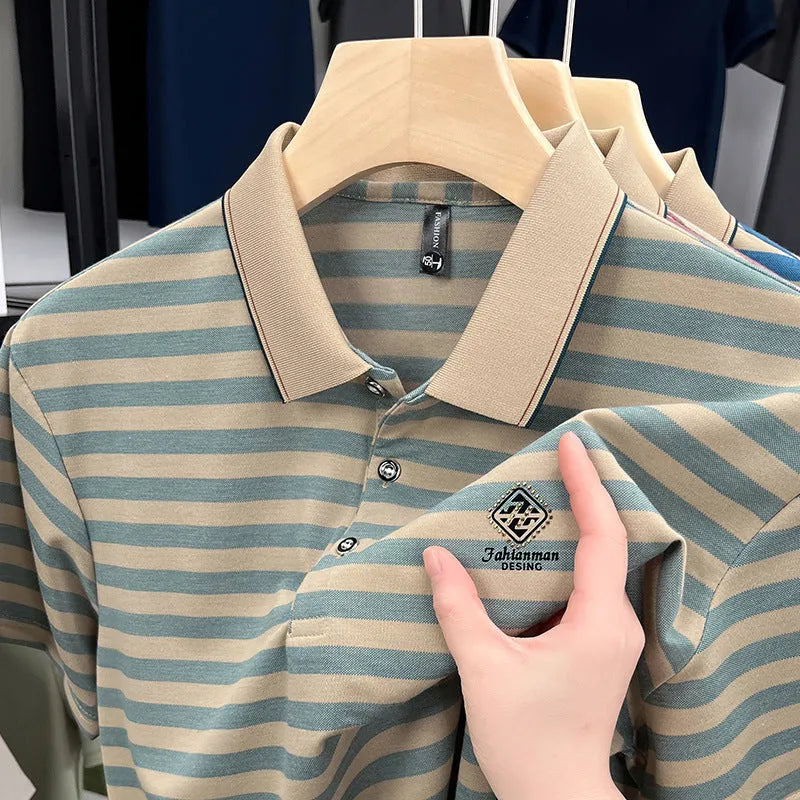 Men's striped casual short sleeve shirt with mosaic pattern in polyester fabric
