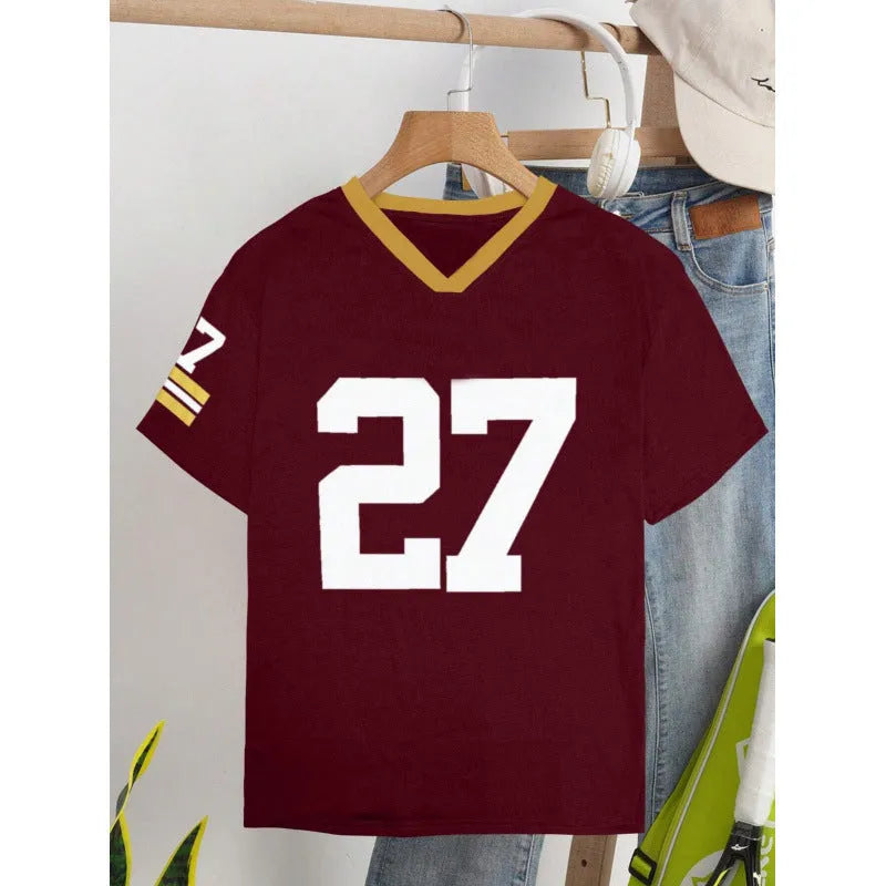 Red loose-fit cotton T-shirt with white digital letter printing on the front.