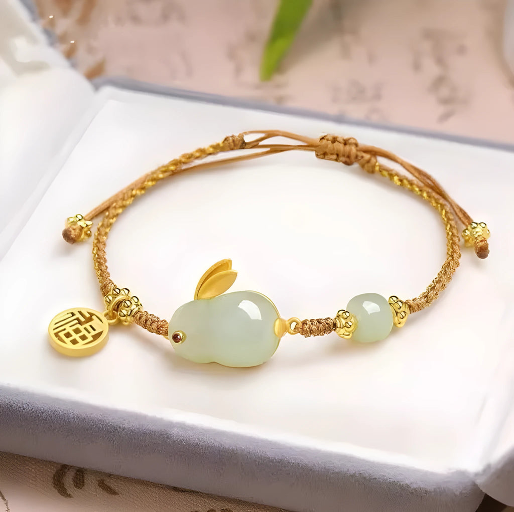 Women's rabbit bracelet with Hetian jade geometric charm on yellow string