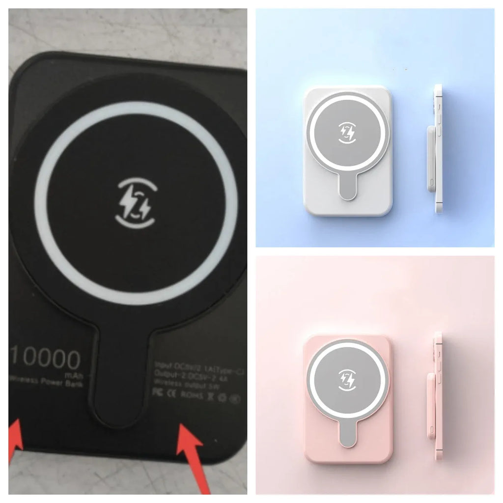 Mini magnetic wireless power bank 5000mAh with LED display and AI cooling in cool black colour on a table