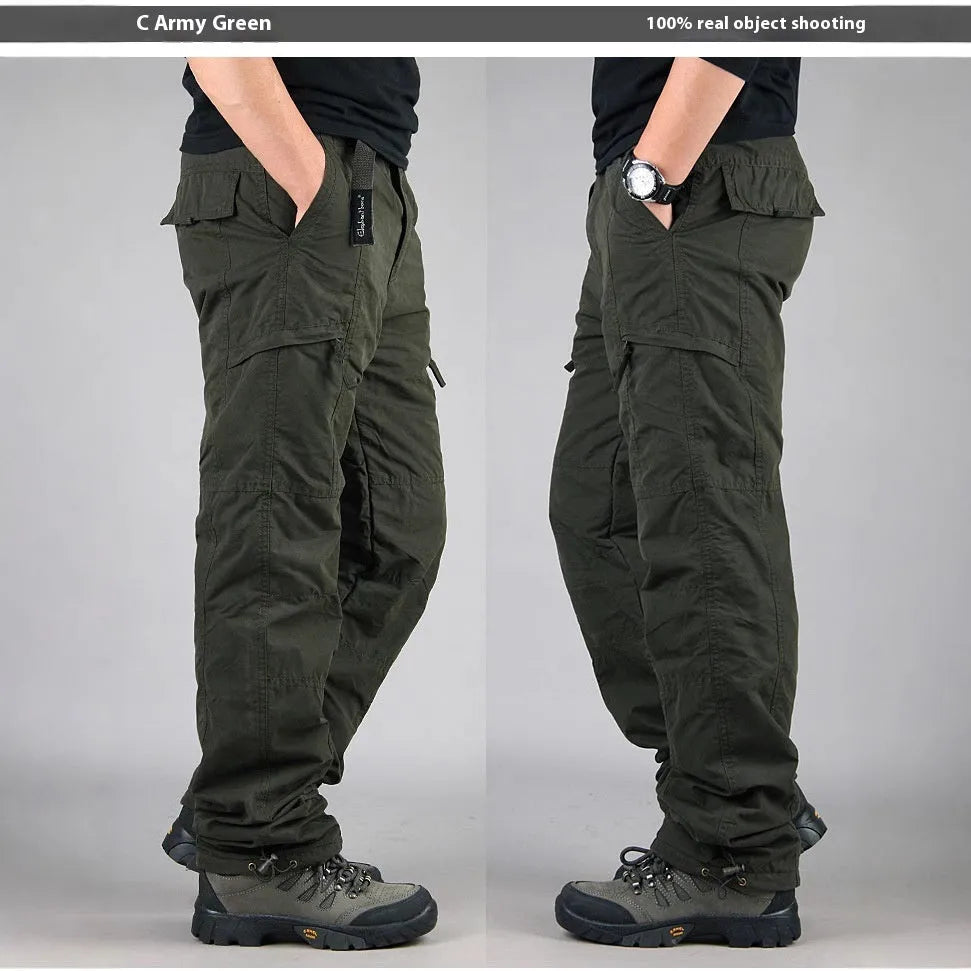 Men's stone-washed cotton overalls with wool lining in loose straight-leg fit, shown in khaki colour