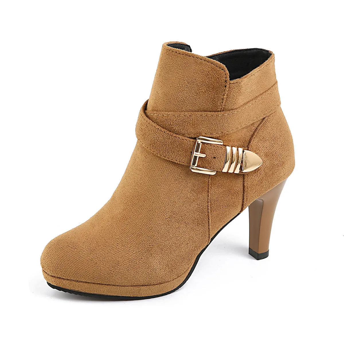 Plus size women's stiletto heel boots in suede, round toe, mid-calf length, available in black
