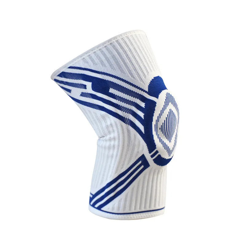A blue high elasticity cotton knee pad shown on a knee, suitable for basketball and running sports.