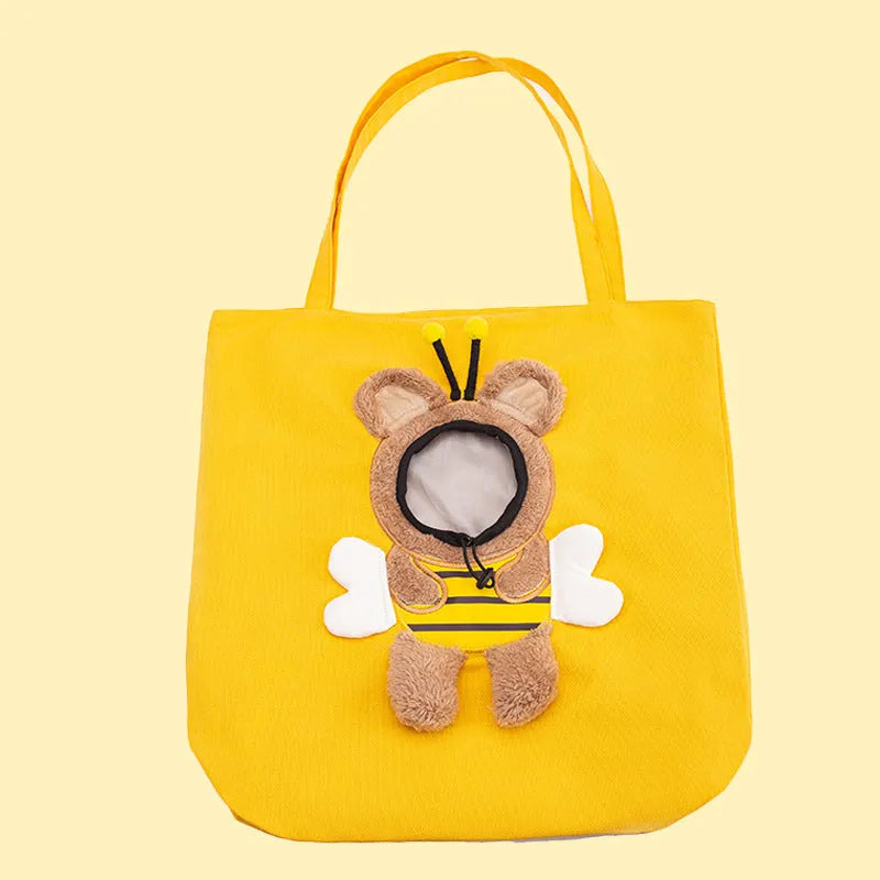 Canvas pet shoulder carrier bag with elastic side opening showing cat inside, available in blue, grey, yellow colours