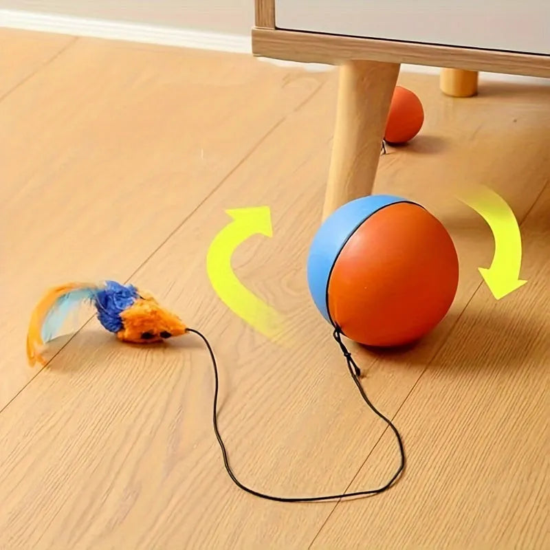 Interactive cat toy ball with plush mouse attachment in blue and orange colours