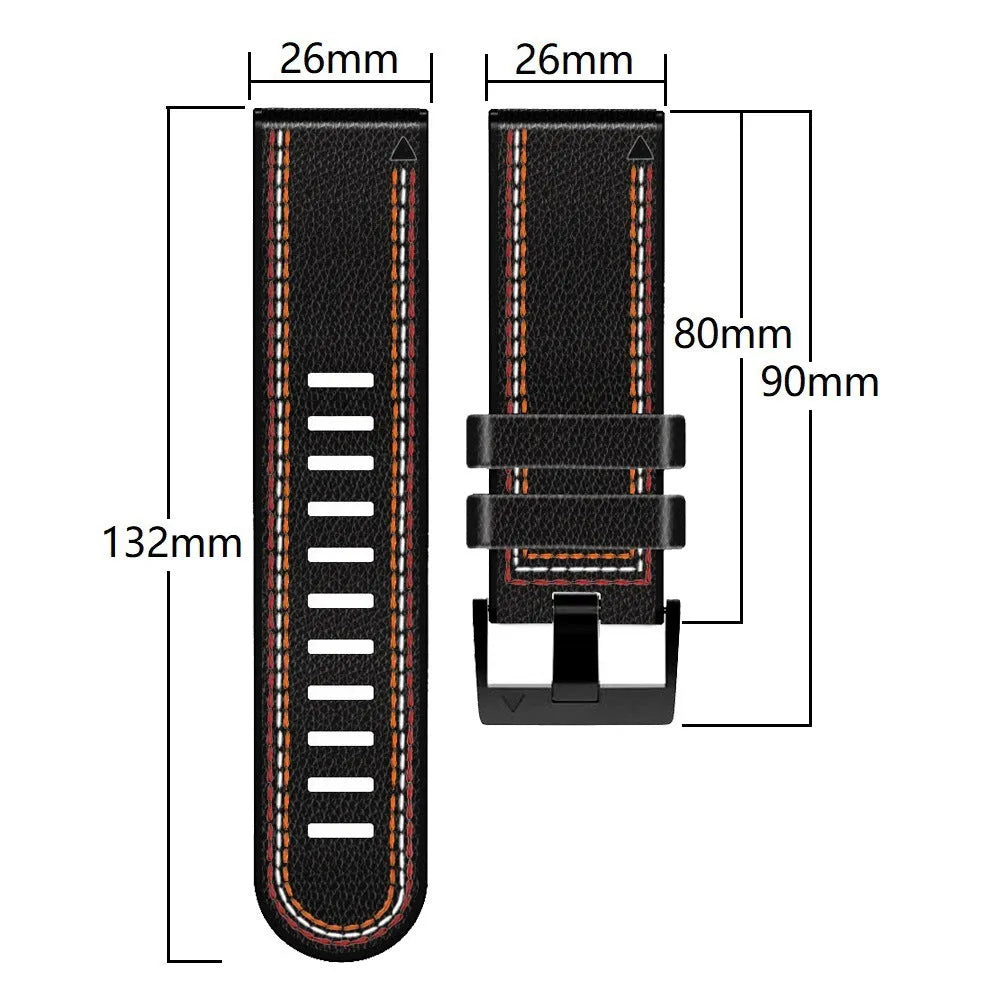 Silicone leather quick-release watchband for Garmin Fenix smartwatches in black, shown in 22mm and 26mm sizes.