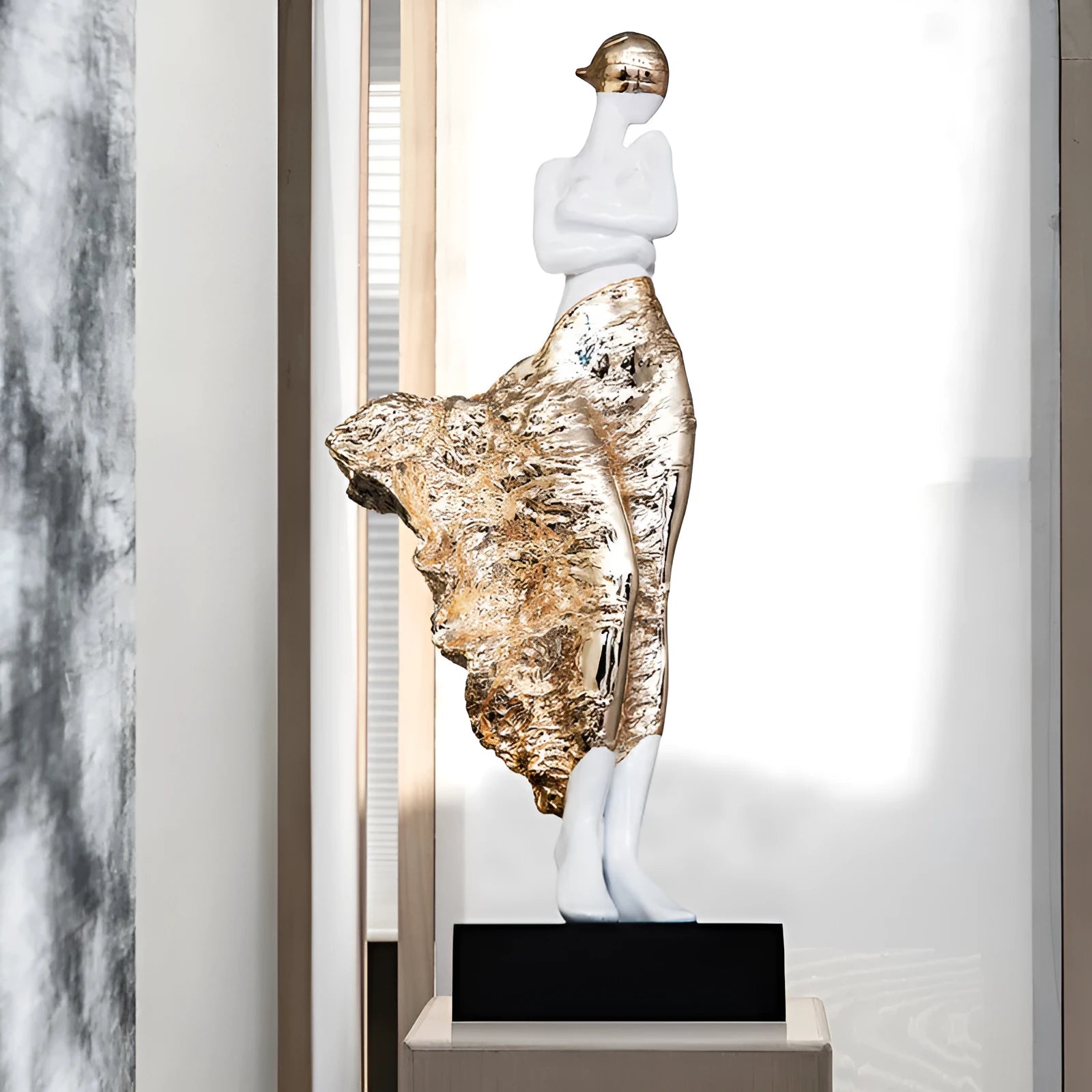 Light luxury beauty characters sculptured ornament in rose gold or silver, 48cm high on display.