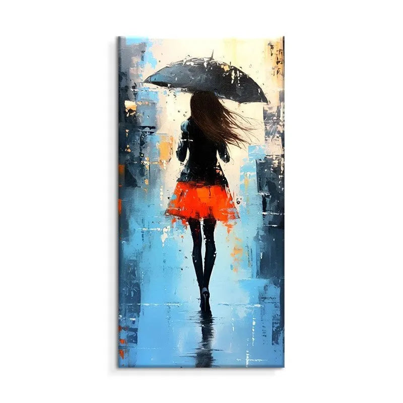 Hand painted abstract oil painting of people walking in rain on canvas, living room wall art, no frame, vertical size
