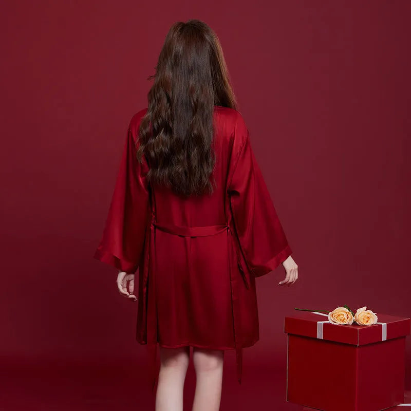 Red polyester sleepwear set for men and women with long sleeves and trousers