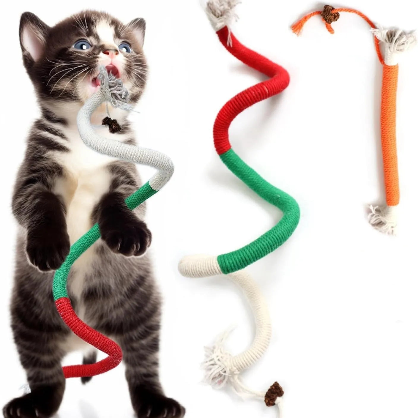 70cm long cotton string cat biting rope toy with catnip, shown in purple, orange, and red with green colour options.