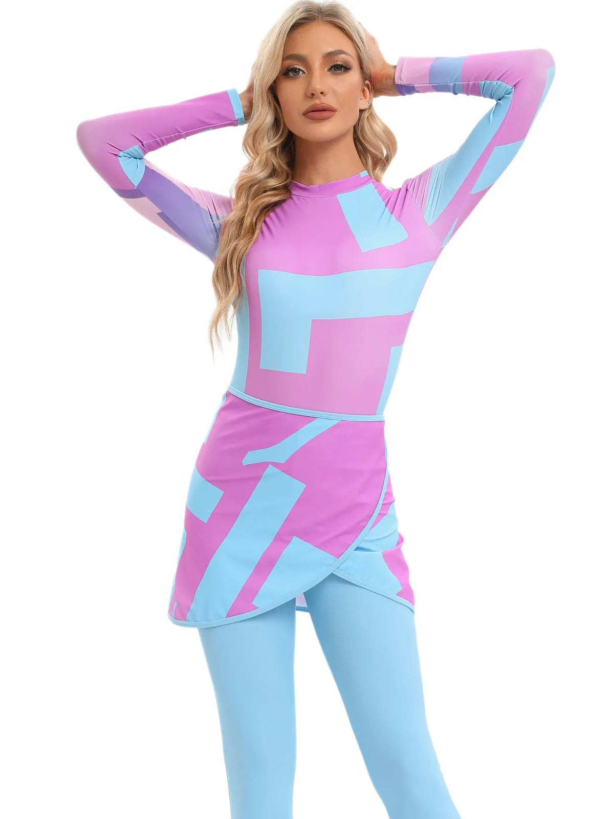 Conservative Muslim swimsuit three-piece set with coordinating apron in polyester fabric