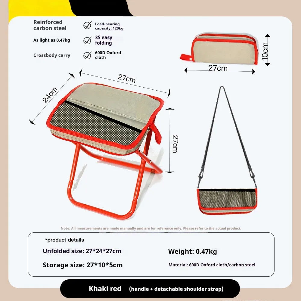 Lightweight foldable outdoor camp stool in Oxford cloth, shown folded and unfolded in khaki colour.