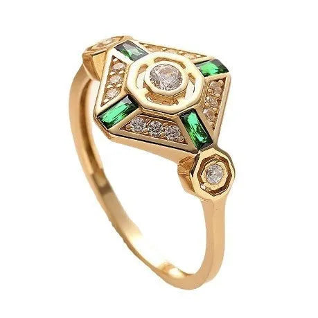 Square geometric women's ring with lvzuan coloured gem stone and electroplated metal finish
